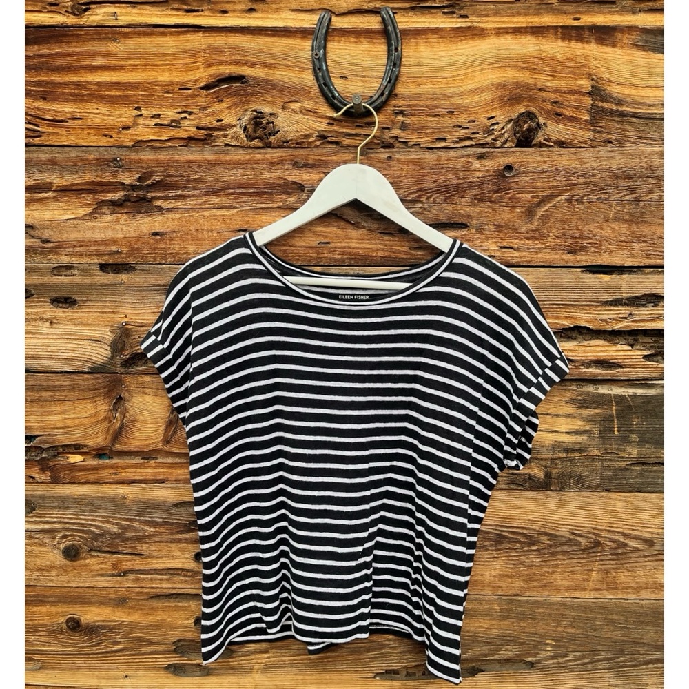 EILEEN FISHER | Striped Linen Rolled Sleeve Oversized Short Sleeve T-Shirt S